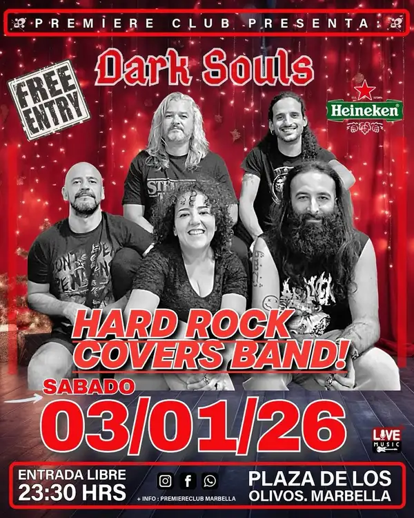Imagen del cartel para el concierto de rock de Dark Souls en Premiere Club Marbella a las 23:30, con logos de la banda y el club y un fondo de colores vibrantes.