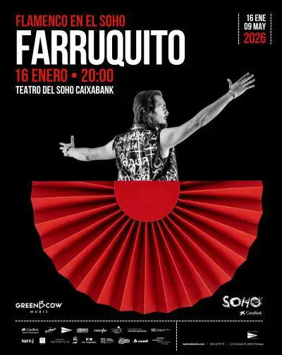 Cartel de Farruquito actuando en directo con su espectáculo flamenco en el Teatro del Soho CaixaBank de Málaga.