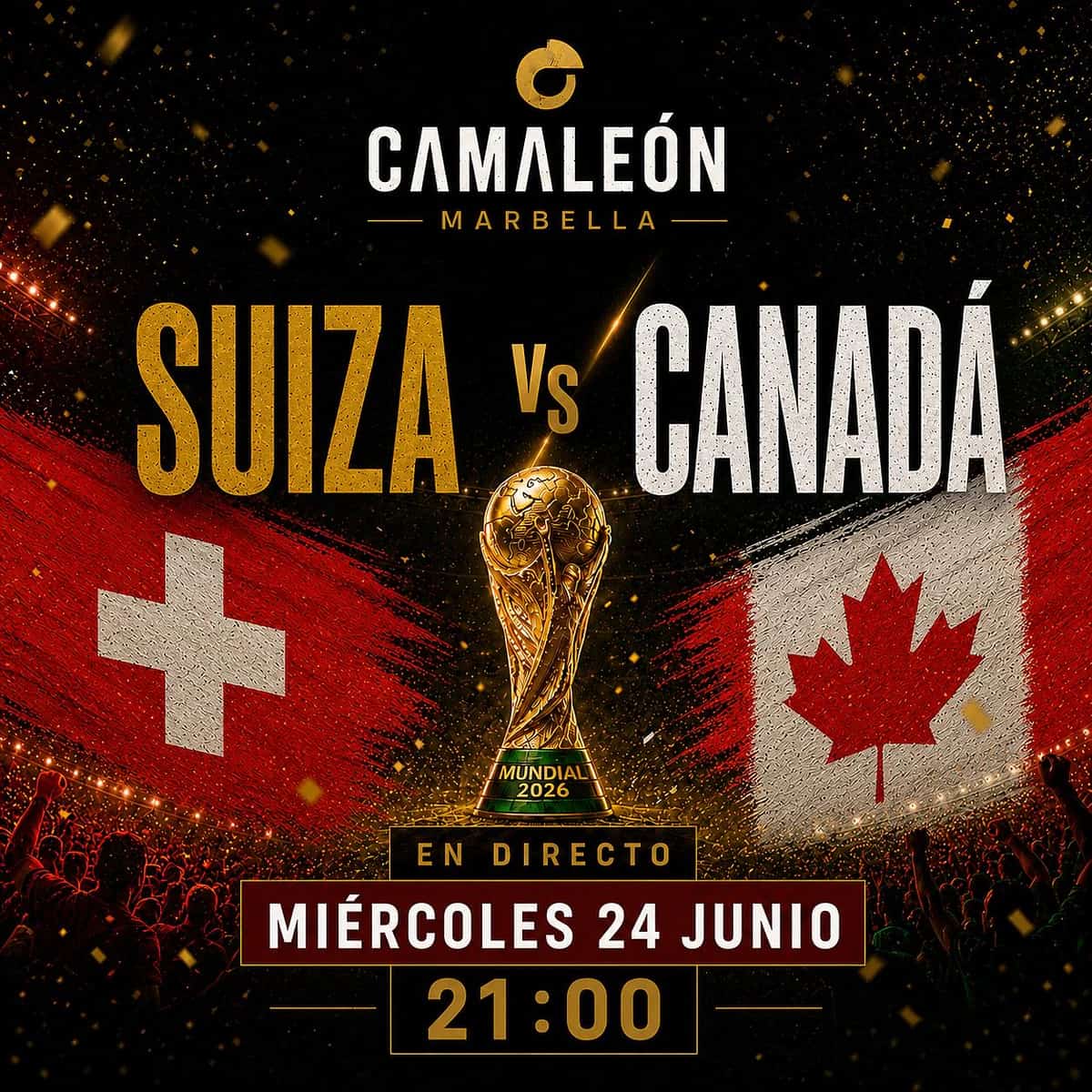 Cartel de retransmisión en directo de Suiza vs Canadá en el Mundial 2026 con ambiente de fútbol internacional y plan de noche en Marbella centro.