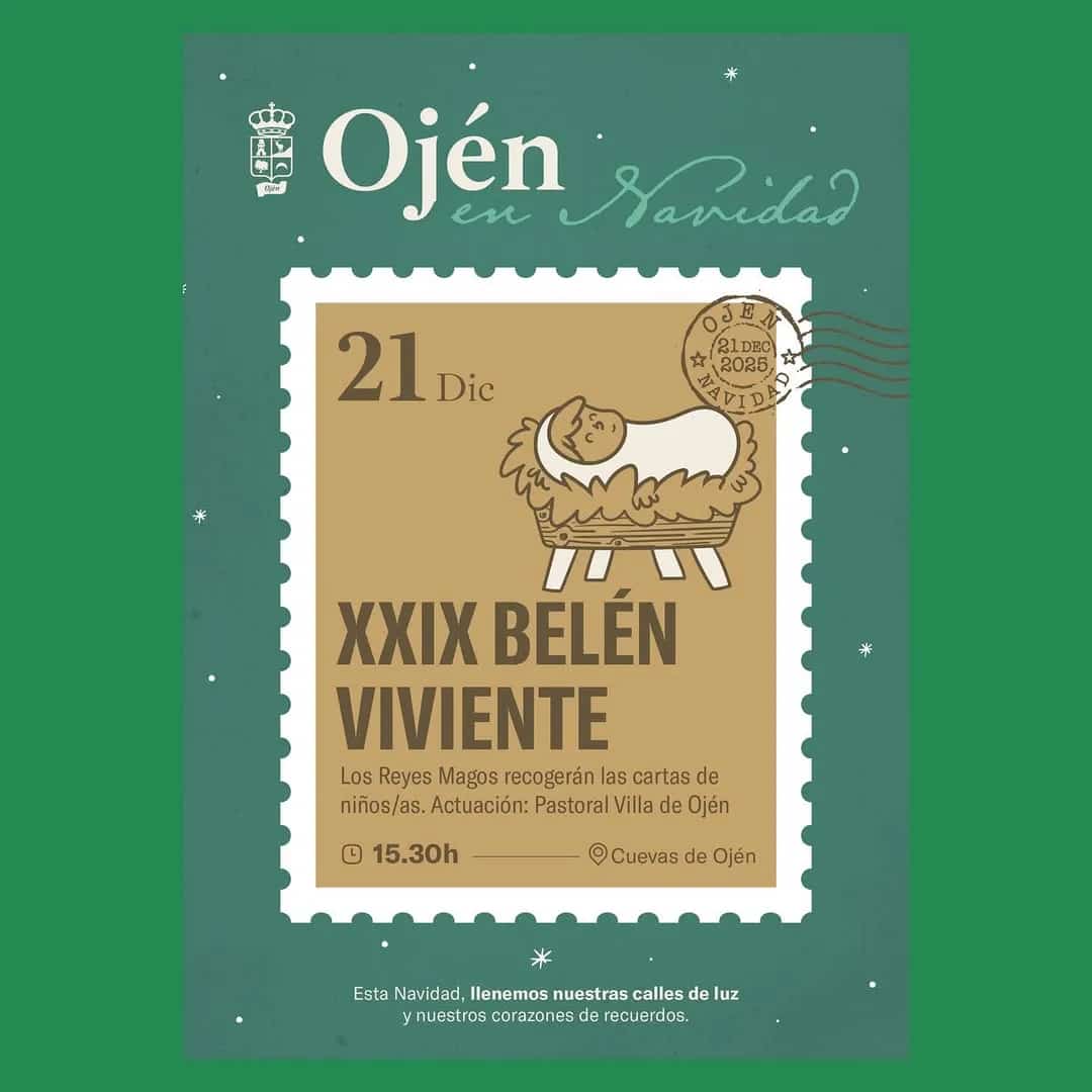 Cartel del evento mostrando una escena festiva del Belén en el XXIX Belén Viviente de Ojén, 21 de diciembre, Cuevas Bajas, con detalles de los magos y la actuación de la pastoral.