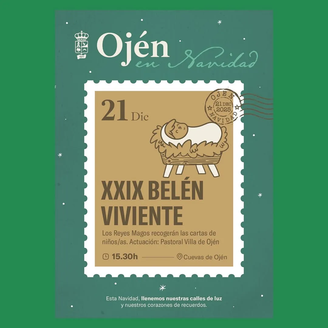 Cartel del evento mostrando una escena festiva del Belén en el XXIX Belén Viviente de Ojén, 21 de diciembre, Cuevas Bajas, con detalles de los magos y la actuación de la pastoral.