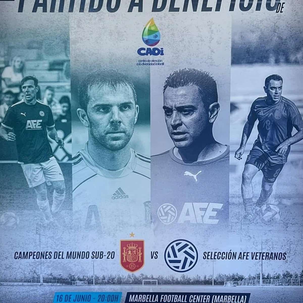 Poster for the CADI charity football match in Marbella featuring the U-20 World Champions and AFE Veterans team.