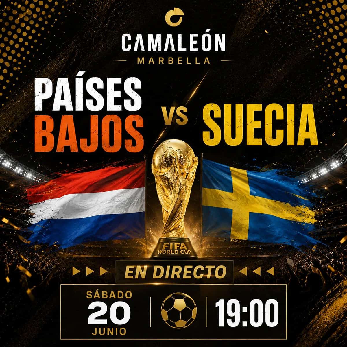 Cartel de Camale贸n Marbella anunciando la retransmisi贸n en directo de Pa铆ses Bajos vs Suecia en el Mundial 2026 el s谩bado 20 de junio a las 19:00.