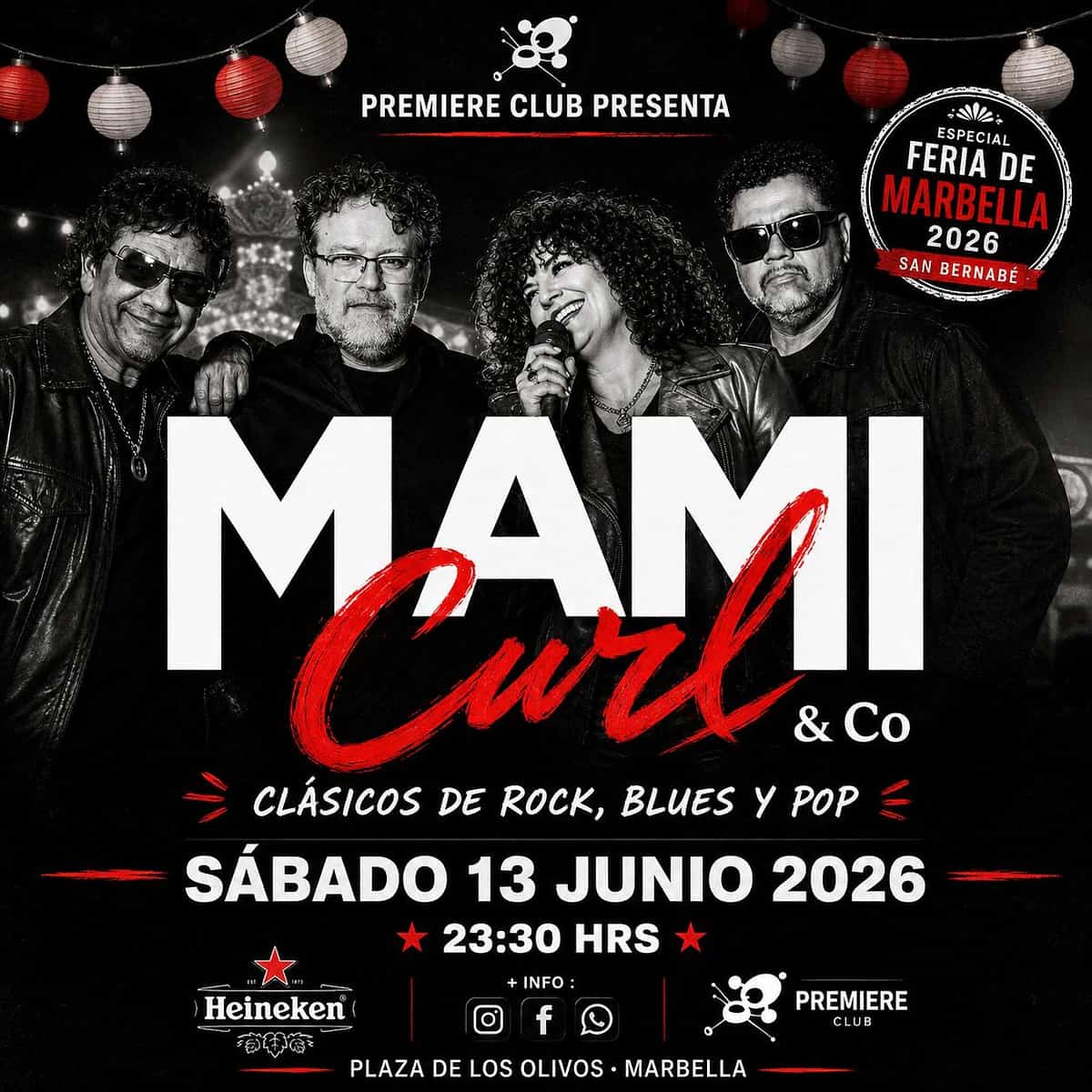 Cartel de Mami Curl & Co en Premiere Club durante la Feria de San Bernabé Marbella 2026, concierto de clásicos rock, blues y pop.