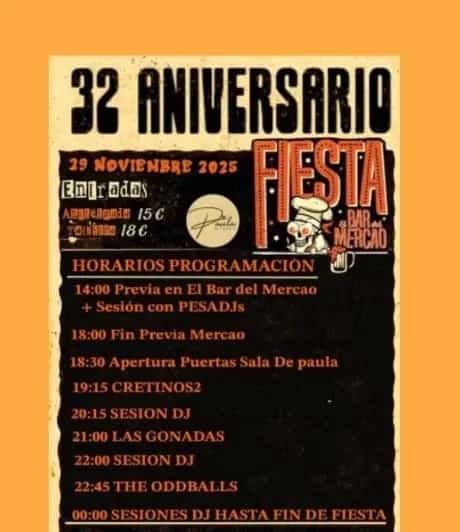 Vintage-style poster for the “32nd Anniversary Fiesta del Mercado” in Marbella, with cream and black background, 29 November 2025 date, timetable of bands and DJ sets, presale and door ticket prices, and charity message in benefit of Miss Kou Jones.