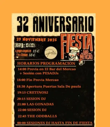 Vintage-style poster for the “32nd Anniversary Fiesta del Mercado” in Marbella, with cream and black background, 29 November 2025 date, timetable of bands and DJ sets, presale and door ticket prices, and charity message in benefit of Miss Kou Jones.