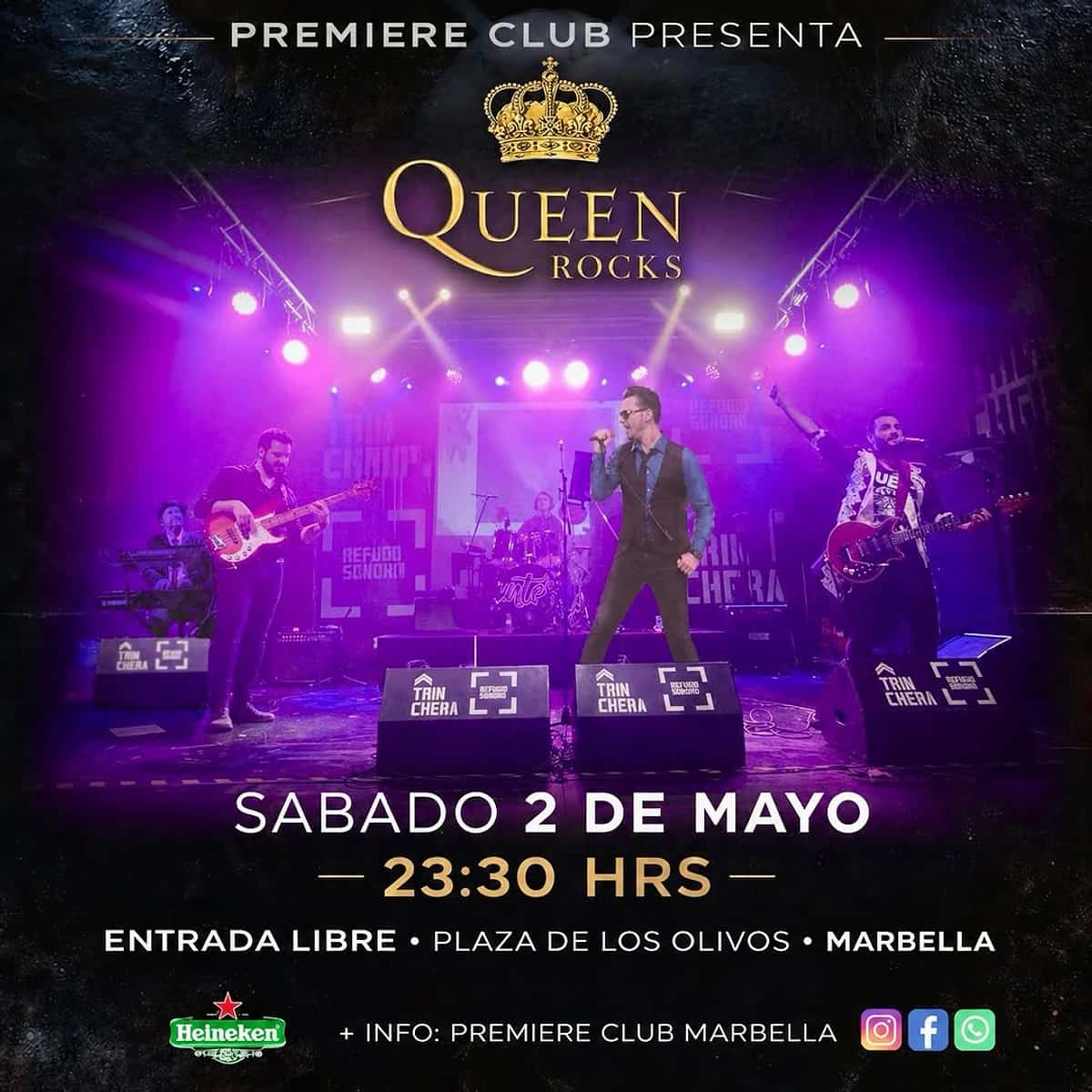 Cartel del concierto de Queen Rocks en Premiere Club Marbella con una banda tocando en directo sobre un escenario iluminado en tonos morados. El evento es el sábado 2 de mayo a las 23:30 h y la entrada es libre.
