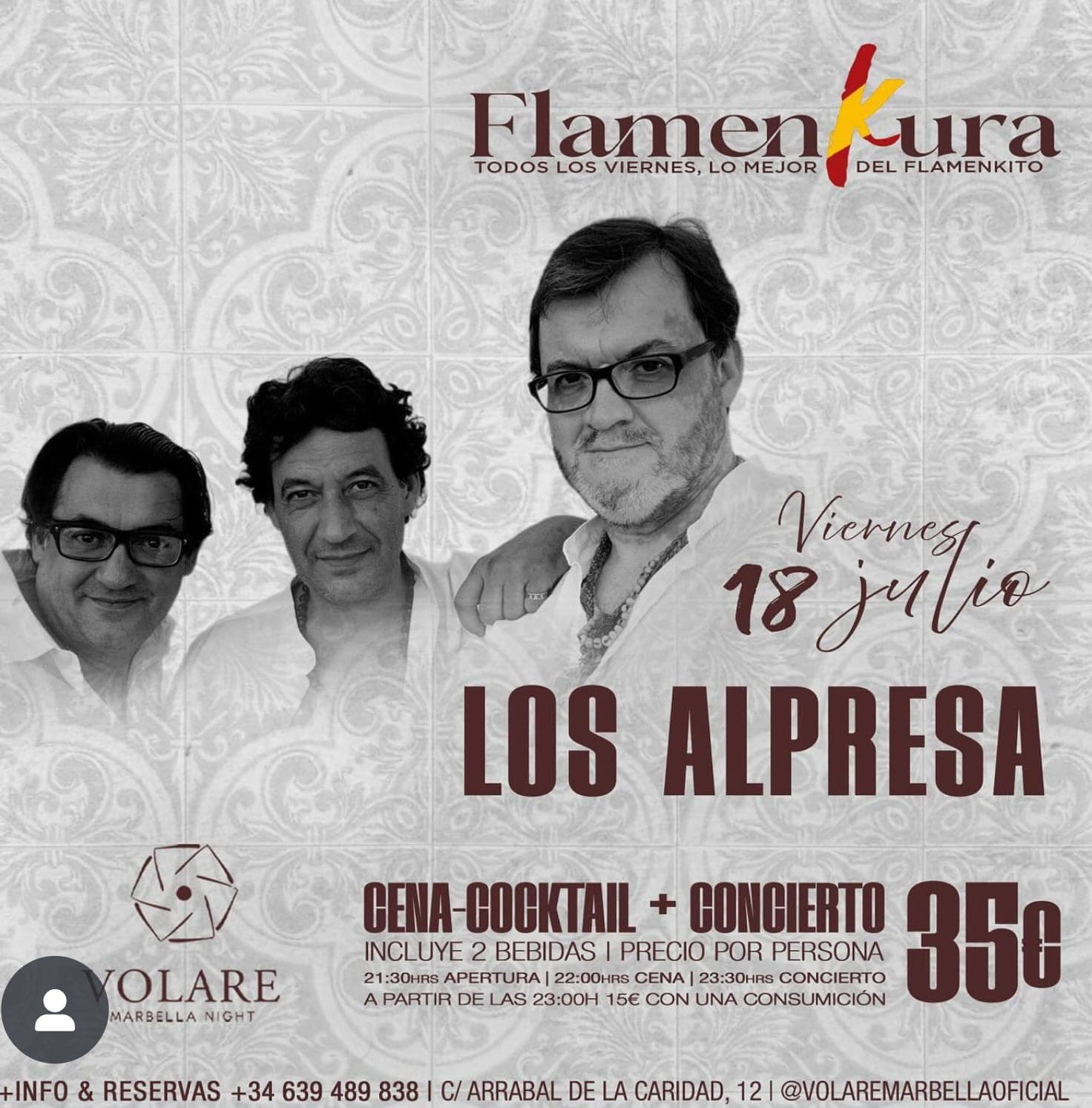 Los Alpresa en Volare Marbella | Cena‑Cóctel & Concierto 18 Julio Póster