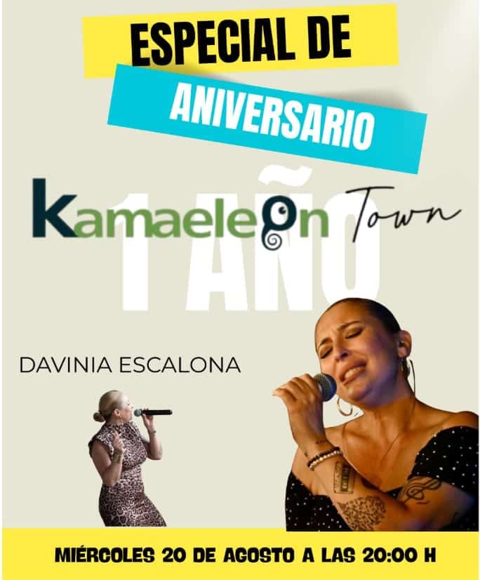 Anniversary Special · 1 year” poster featuring singer Davinia Escalona at the microphone; caption “Wednesday 20 August, 8:00 PM”.