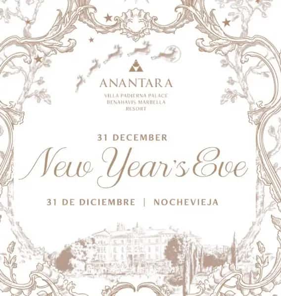 Cartel de la gala de Nochevieja 2025 en el Linares Grand Ballroom de Anantara Villa Padierna Palace Benahavís Marbella Resort, con cena de gala, música en vivo y fiesta de fin de año