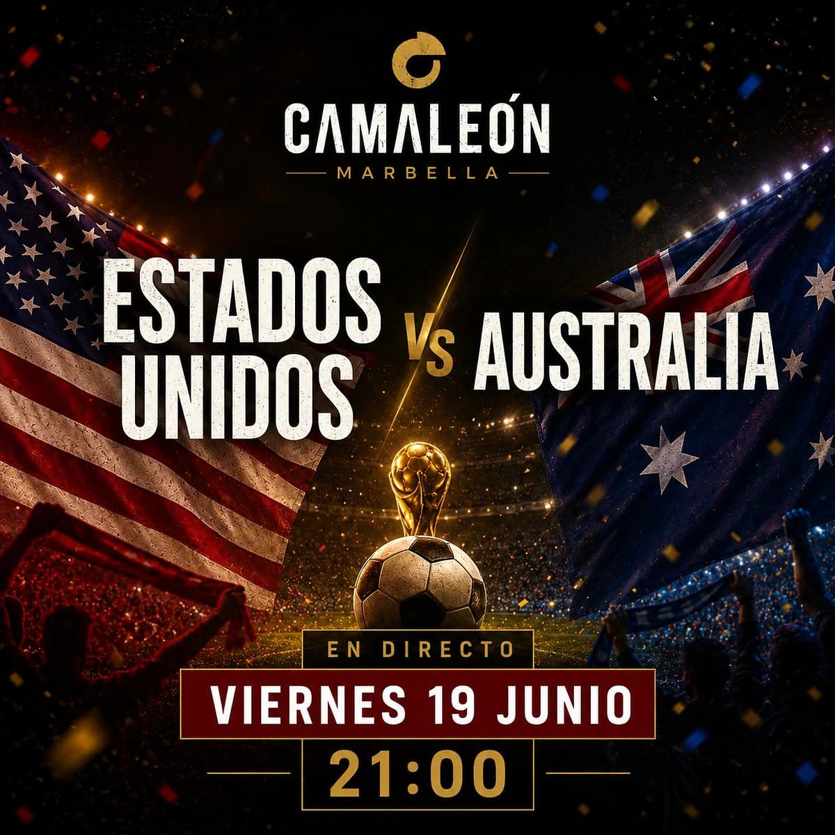 Cartel de Camale贸n Marbella anunciando la retransmisi贸n en directo de Estados Unidos vs Australia en el Mundial 2026 el viernes 19 de junio a las 21:00.
