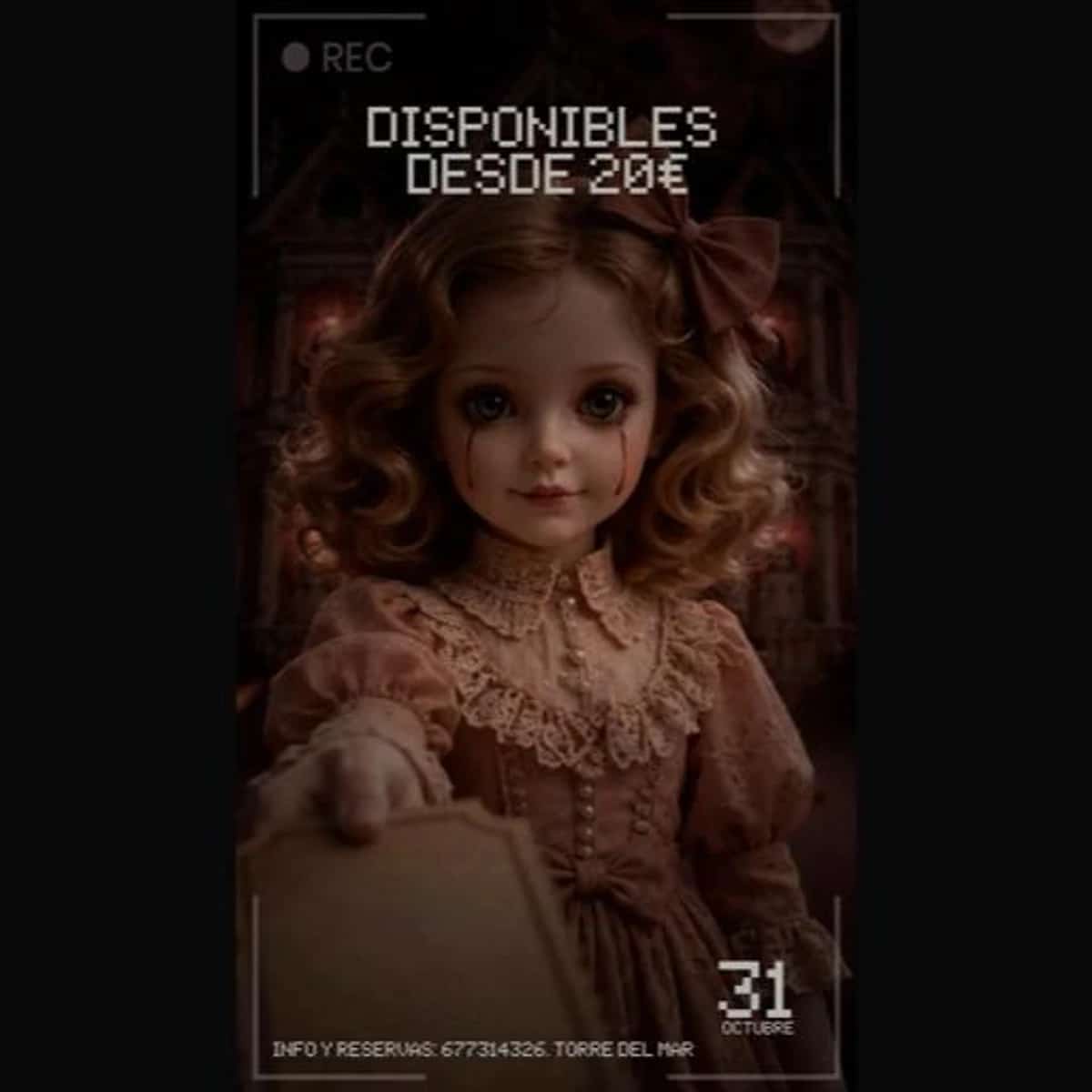 Cartel de Halloween en tonos oscuros con una muñeca de vestido antiguo y lágrimas negras, el texto «31 octubre» y una indicación de reservas.