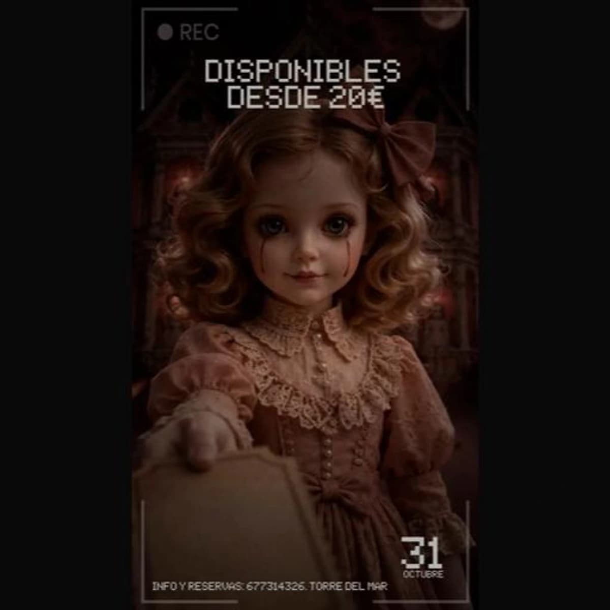 Cartel de Halloween en tonos oscuros con una muñeca de vestido antiguo y lágrimas negras, el texto «31 octubre» y una indicación de reservas.