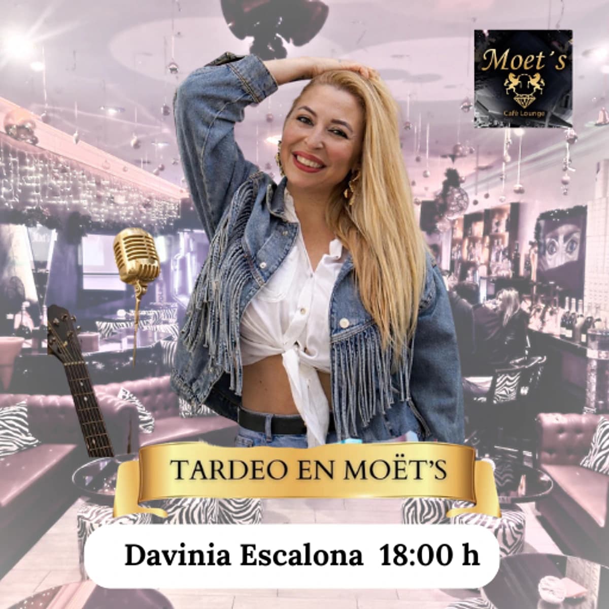 Cartel de Davinia Escalona en un tardeo en Moët’s el 18 de abril a las 18:00, con imagen de la artista y el interior del local al fondo.