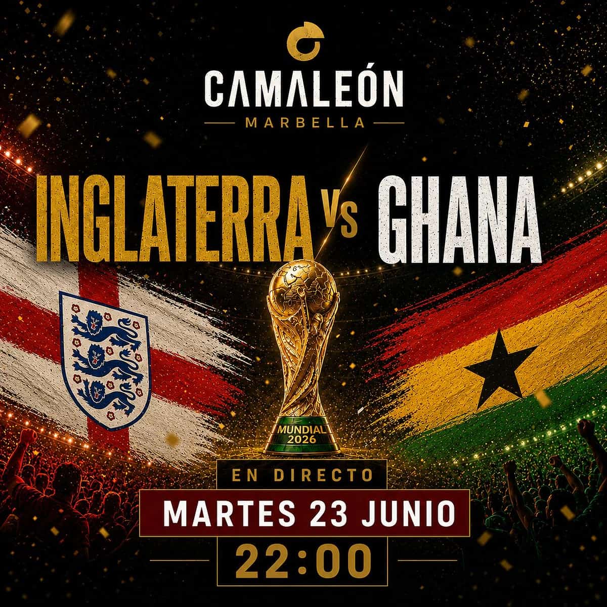 Cartel de retransmisión en directo de Inglaterra vs Ghana en el Mundial 2026 con ambiente de fútbol internacional y noche de partido en Marbella centro.