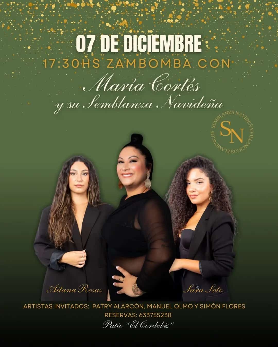 Cartel del evento Zambomba en Patio El Cordobés. Con decoración festiva, artista María Cortés, fecha y hora: domingo a las 17:30.