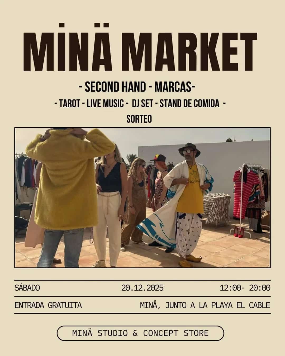Cartel del evento Market & Rastro MINÄ el 20 de diciembre en MINÄ Studio Marbella, con música en vivo, arte y tesoros locales.