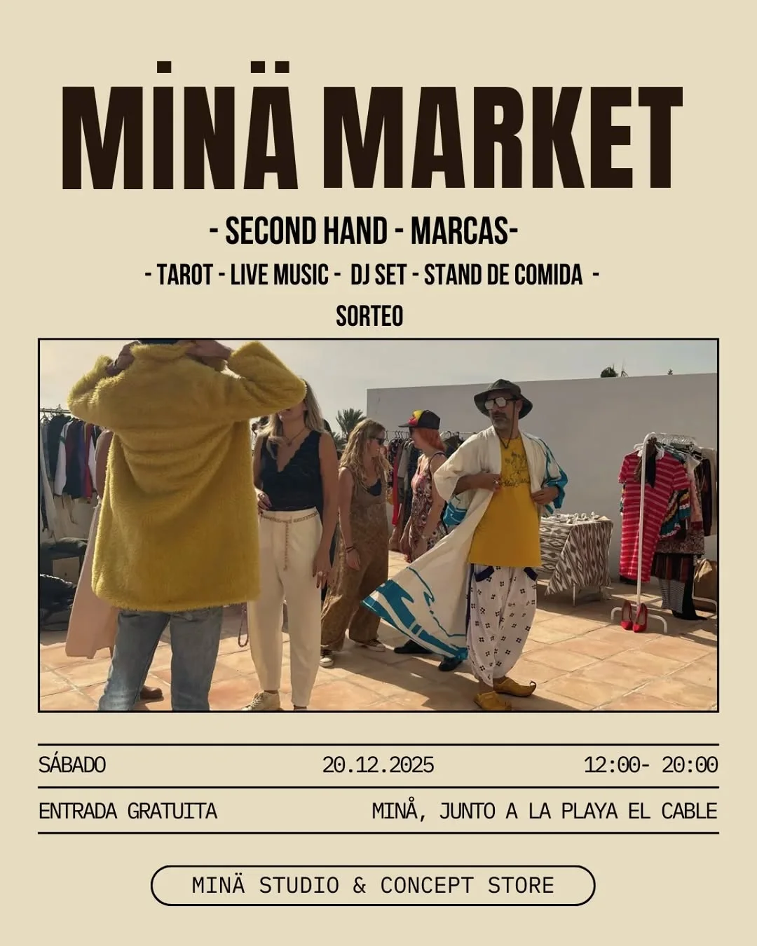 Cartel del evento Market & Rastro MINÄ el 20 de diciembre en MINÄ Studio Marbella, con música en vivo, arte y tesoros locales.