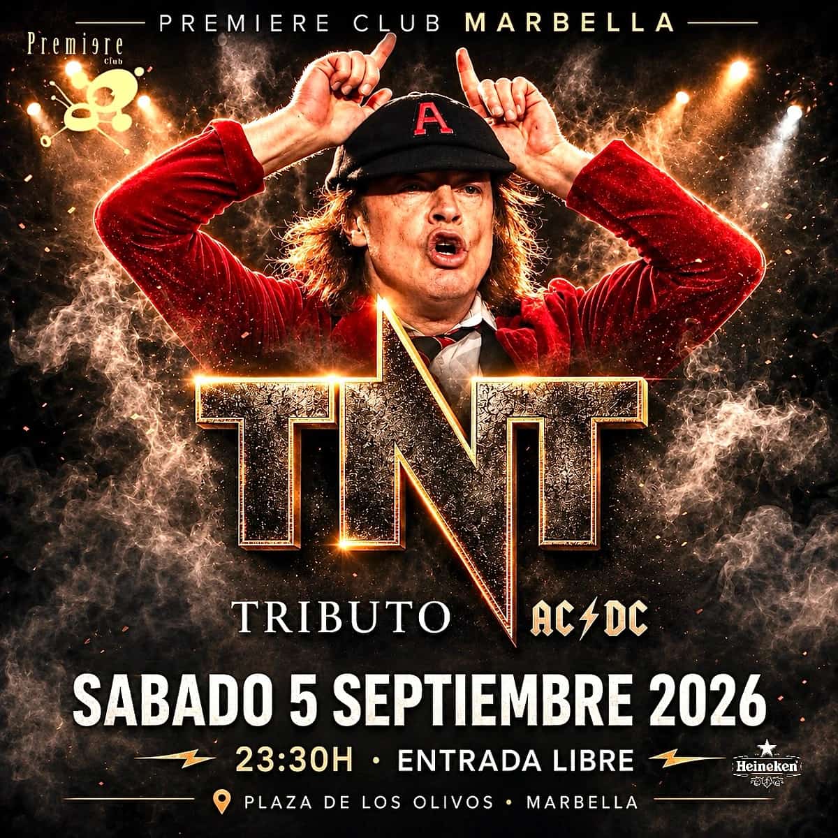 Cartel promocional de TNT en Premiere Club Marbella con una imagen inspirada en un tributo a AC/DC, mostrando a un cantante con chaqueta roja y gorra sobre un fondo oscuro con humo y luces de escenario. El concierto se celebra el sábado 5 de septiembre de 2026 a las 23:30 h en Plaza de los Olivos, Marbella, con entrada libre.