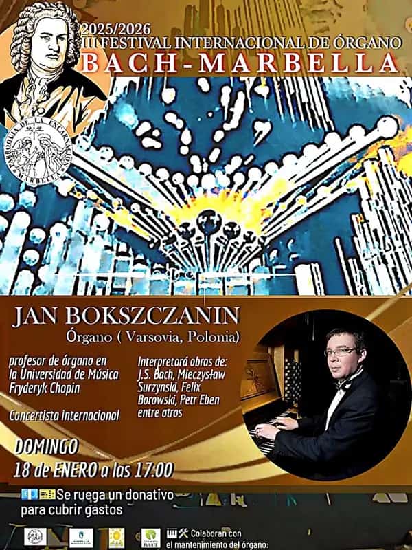 Cartel del Festival Internacional de Órgano Bach Marbella 2025-2026, con concierto del organista Jan Bokszczanin interpretando obras de J. S. Bach y otros compositores.