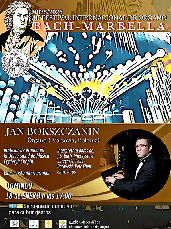 Cartel del Festival Internacional de Órgano Bach Marbella 2025-2026, con concierto del organista Jan Bokszczanin interpretando obras de J. S. Bach y otros compositores.