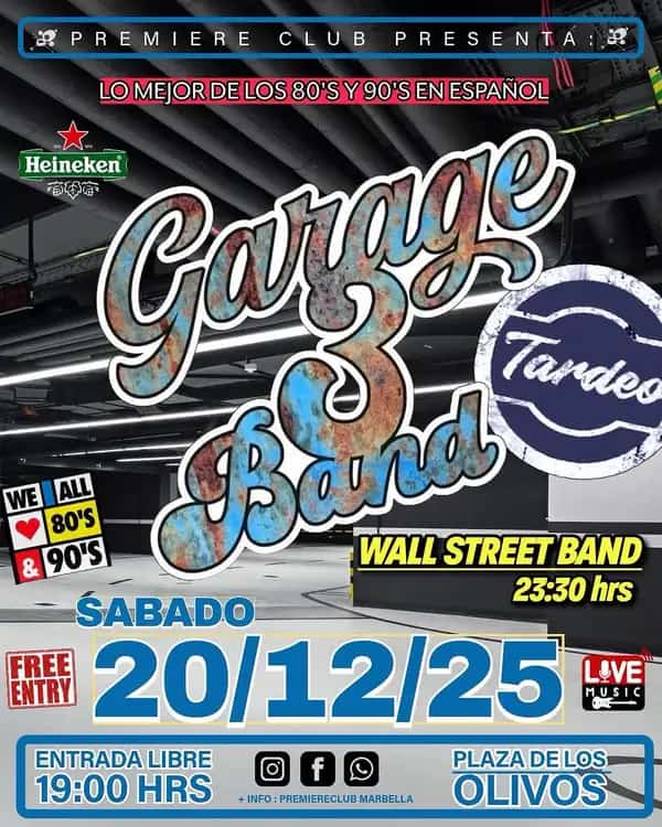 Cartel del evento para Noche de Rock en Garaje 3 el 20 de diciembre con Wall Street Band, incluye fecha del evento, hora y detalles.