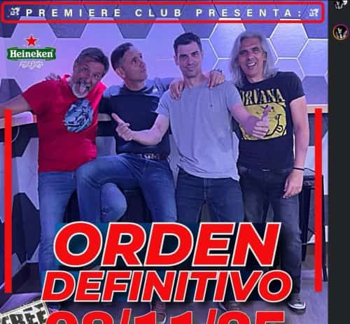 Poster for the Orden Definitivo concert at Premiere Club Marbella, showing the four band members smiling in front of a hexagon wall background, with the date Saturday 08/11/25 and free entrance at 11:30 pm in Plaza de los Olivos.
