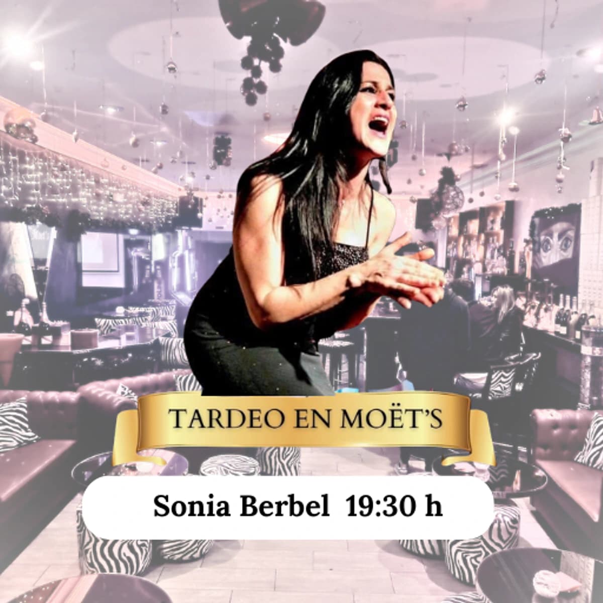 Cartel de Sonia Berbel en un tardeo en Moët’s, cantando en directo el sábado 4 de abril a las 19:30 en un ambiente de música en vivo.