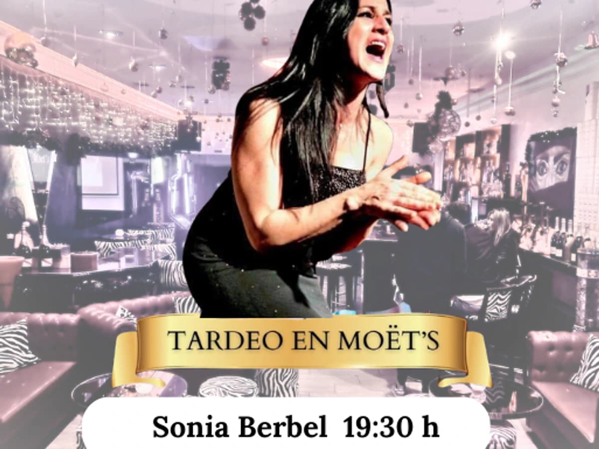 Poster of Sonia Berbel performing live at a tardeo at Moët’s on Saturday, April 4 at 7:30 PM, promoting a live music afternoon event.
