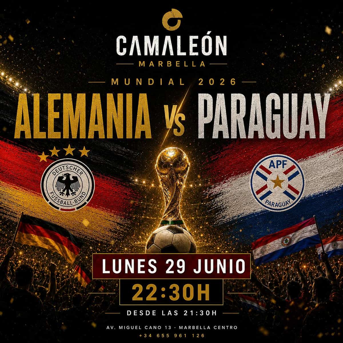 Cartel de retransmisión en directo de Alemania vs Paraguay en el Mundial 2026 con ambiente de fútbol internacional y plan de noche en Marbella centro.