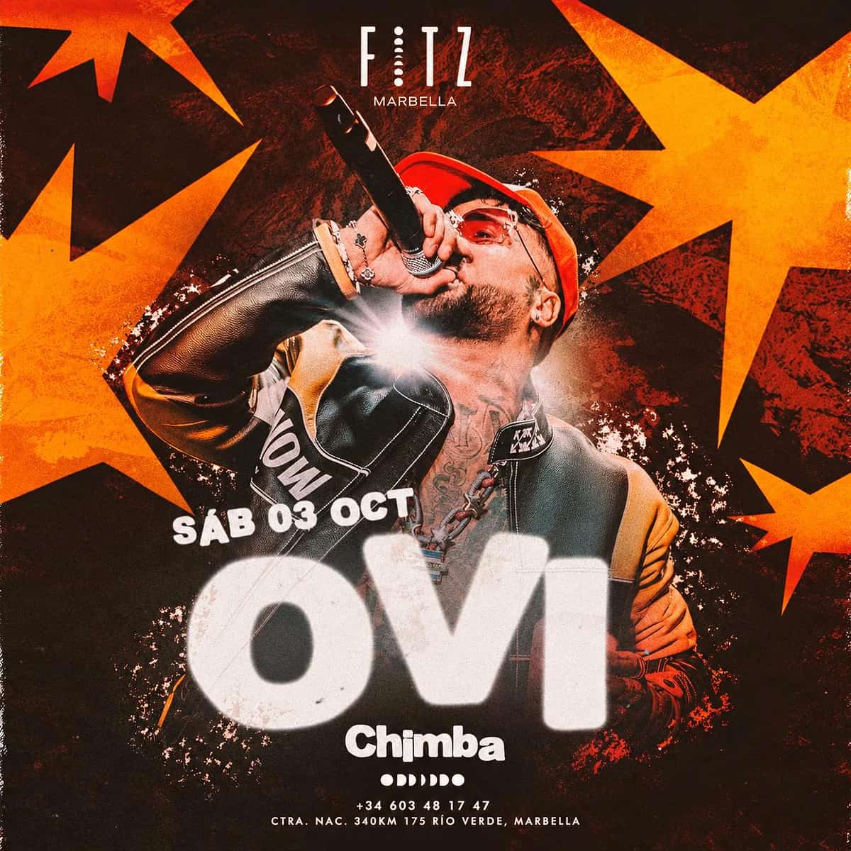 Ovi at FITZ Marbella poster for 3 October, showing the artist singing into a microphone in a red jacket and cap, with orange stars on a dark background.