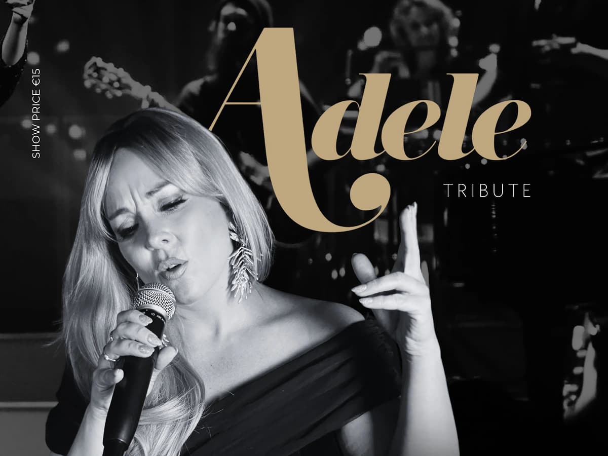 Black-and-white poster for Adele Tribute at La Sala Puerto Banús featuring Laura Carter singing into a microphone and promoting the show on Tuesday, July 14.