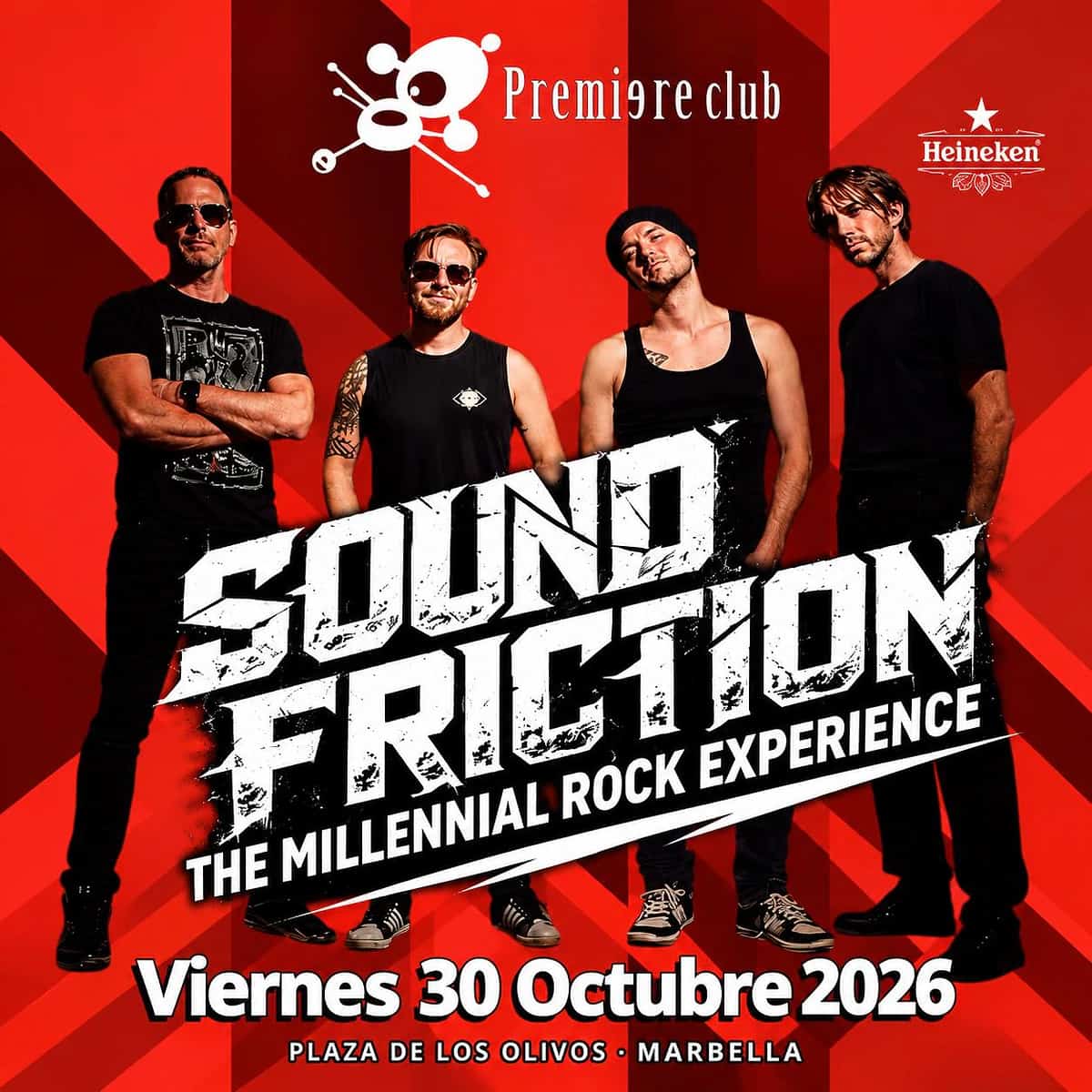 Cuatro miembros de Sound Friction posan ante un fondo geométrico rojo, negro y gris bajo el texto The Millennial Rock Experience y la fecha viernes 30 de octubre de 2026.