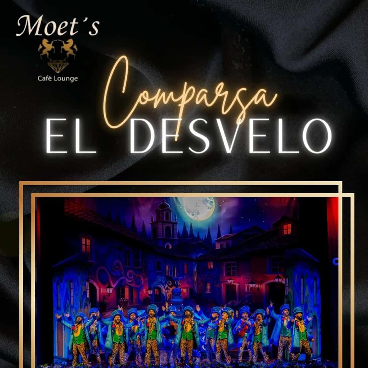 Comparsa El Desvelo en directo en Moët’s Marbella, tardeo carnaval con música en vivo y ambiente lounge en Marbella el 13 de febrero.