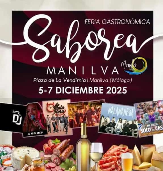 Cartel oficial de la feria gastronómica Saborea Manilva 2025 en Plaza de la Vendimia, Manilva, con fechas del 5 al 7 de diciembre, gastronomía, vino y música en vivo.