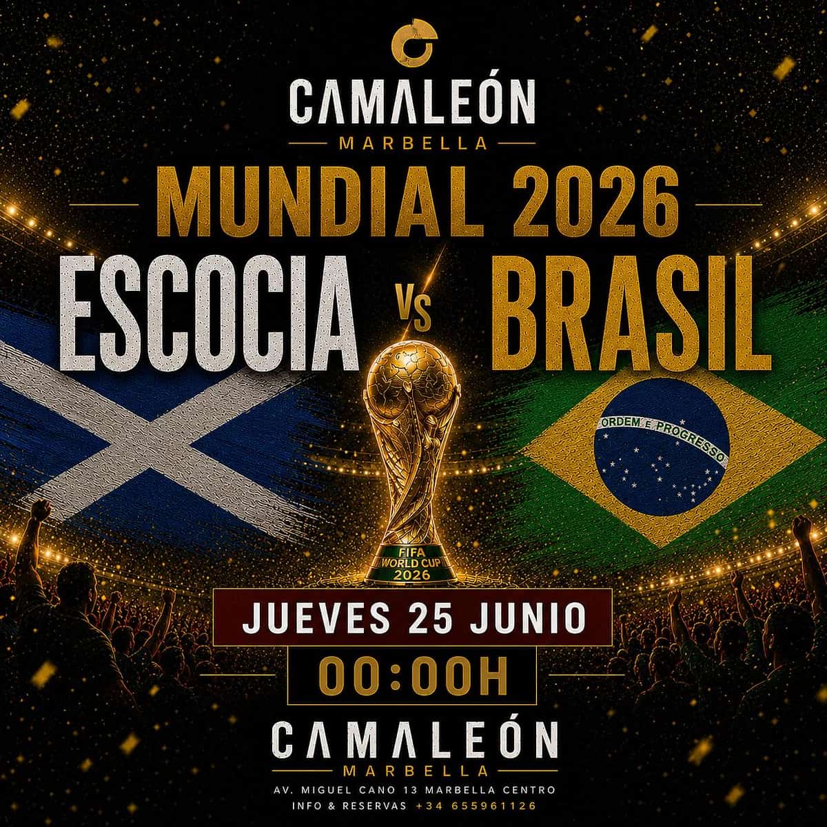 Cartel de retransmisión en directo de Ecuador vs Alemania en el Mundial 2026 con ambiente de fútbol internacional y plan de noche en Marbella centro.