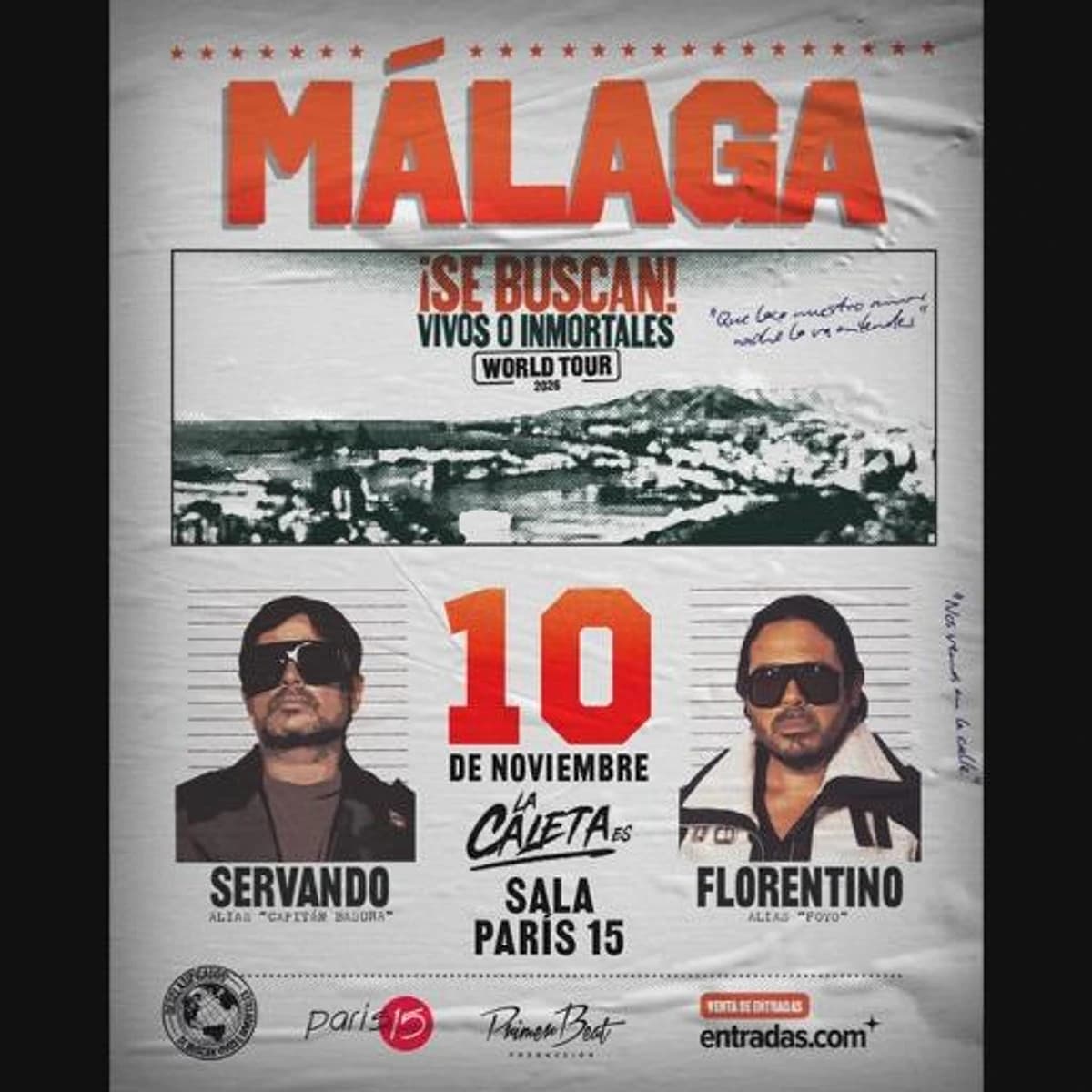 Cartel de Servando y Florentino en Málaga con retratos de ambos artistas, el 10 de noviembre y el nombre de Sala París 15.
