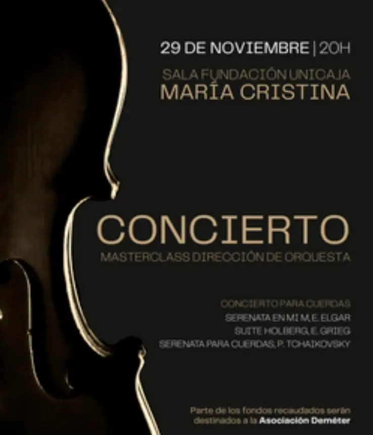 Poster for the charity closing concert of the Orchestral Conducting Masterclass at Sala Fundación Unicaja María Cristina, showing the silhouette of a string instrument on a black background with the text “29 November, 8 p.m., string concert with works by Elgar, Grieg and Tchaikovsky; part of the proceeds for Asociación Deméter.”