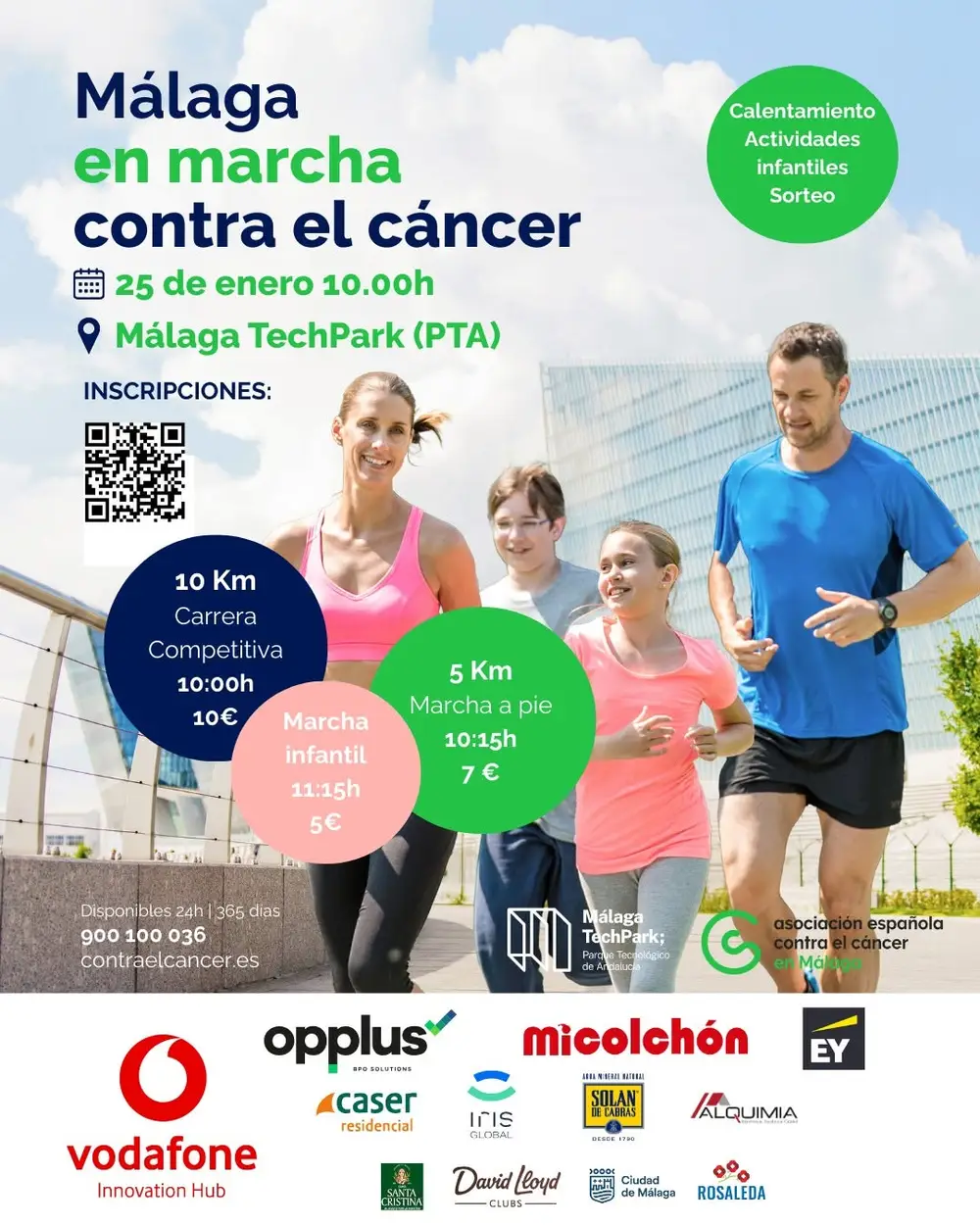 Málaga Cancer Run event poster with details for January 25 at TechPark. Highlights include race types and times with colorful icons.