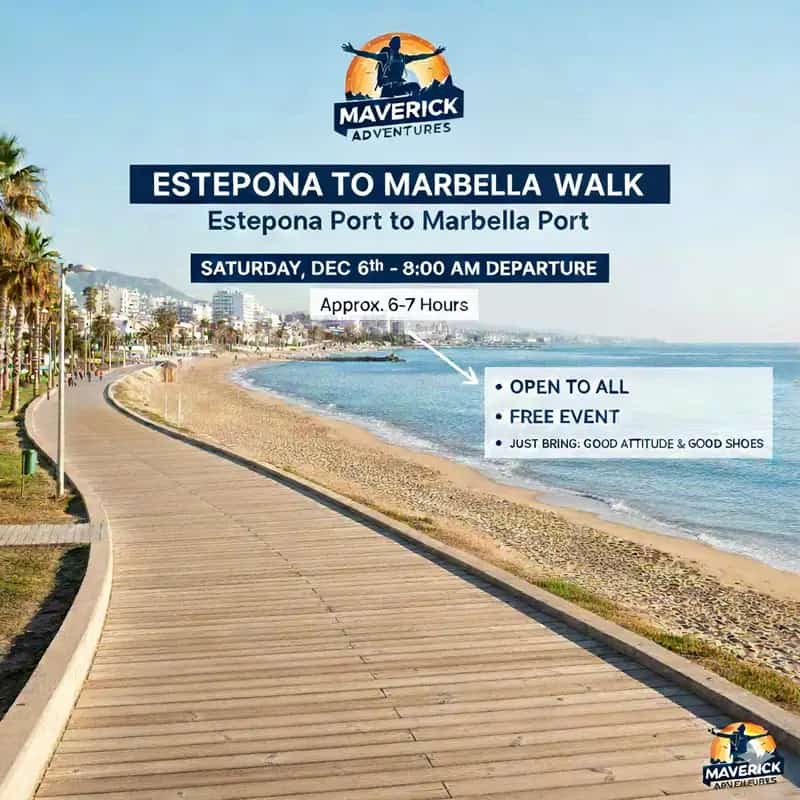 Cartel del evento “Estepona to Marbella Walk” organizado por Maverick Adventures, con salida desde el puerto de Estepona hasta el puerto de Marbella el sábado 6 de diciembre a las 8:00 h. La imagen muestra un paseo marítimo junto a la playa y el mar. El recorrido dura aproximadamente entre 6 y 7 horas y el evento es gratuito y abierto a todo el público.