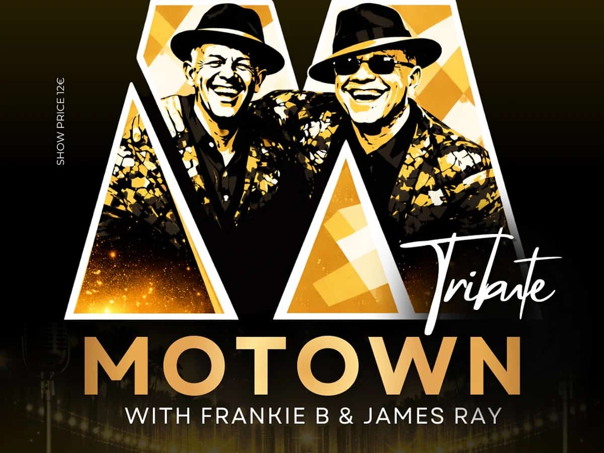 Poster for Motown Tribute at La Sala Puerto Banús featuring Frankie B and James Ray in a black and gold design promoting the show on Tuesday, December 29.