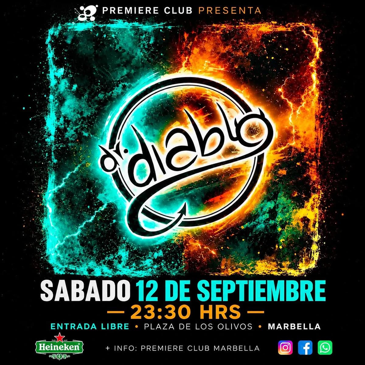 Cartel de Dr Diablo en Premiere Club con el logotipo de la banda en el centro, rodeado por efectos eléctricos en tonos turquesa y naranja. Anuncia el sábado 12 de septiembre a las 23:30 h, entrada libre y Plaza de los Olivos, Marbella.