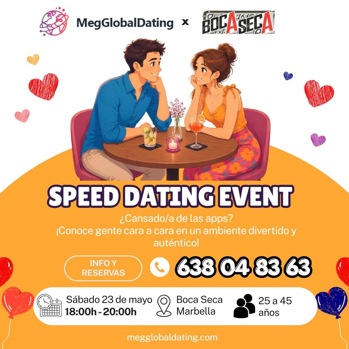Cartel de speed dating en Boca Seca Marbella para personas de 25 a 45 años, el sábado 23 de mayo de 2026 de 18:00 a 20:00, con una pareja sentada frente a frente en una mesa.