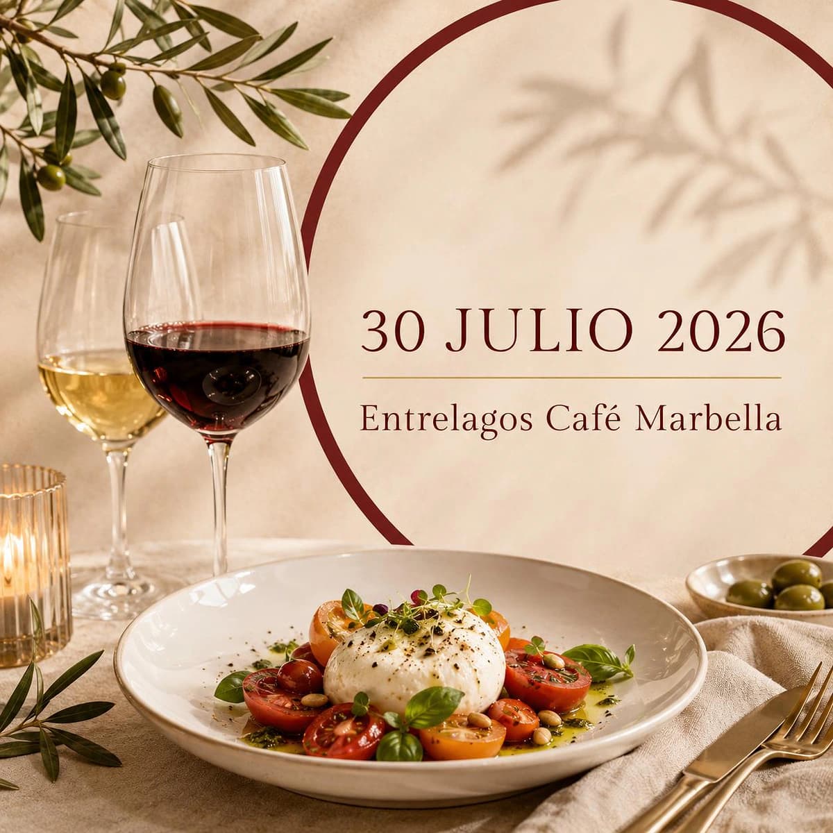Cartel de Cena Gourmet en Entrelagos Café Marbella, con menú degustación, vino, platos italianos y mediterráneos, precios y reserva por WhatsApp.
