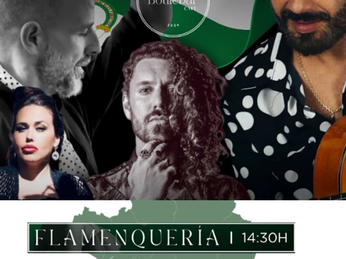 Cartel de Flamenquería por el Día de Andalucía en Boulebar Café, San Pedro Alcántara, con artistas flamencos, música en directo y tardeo flamenco en ambiente andaluz.