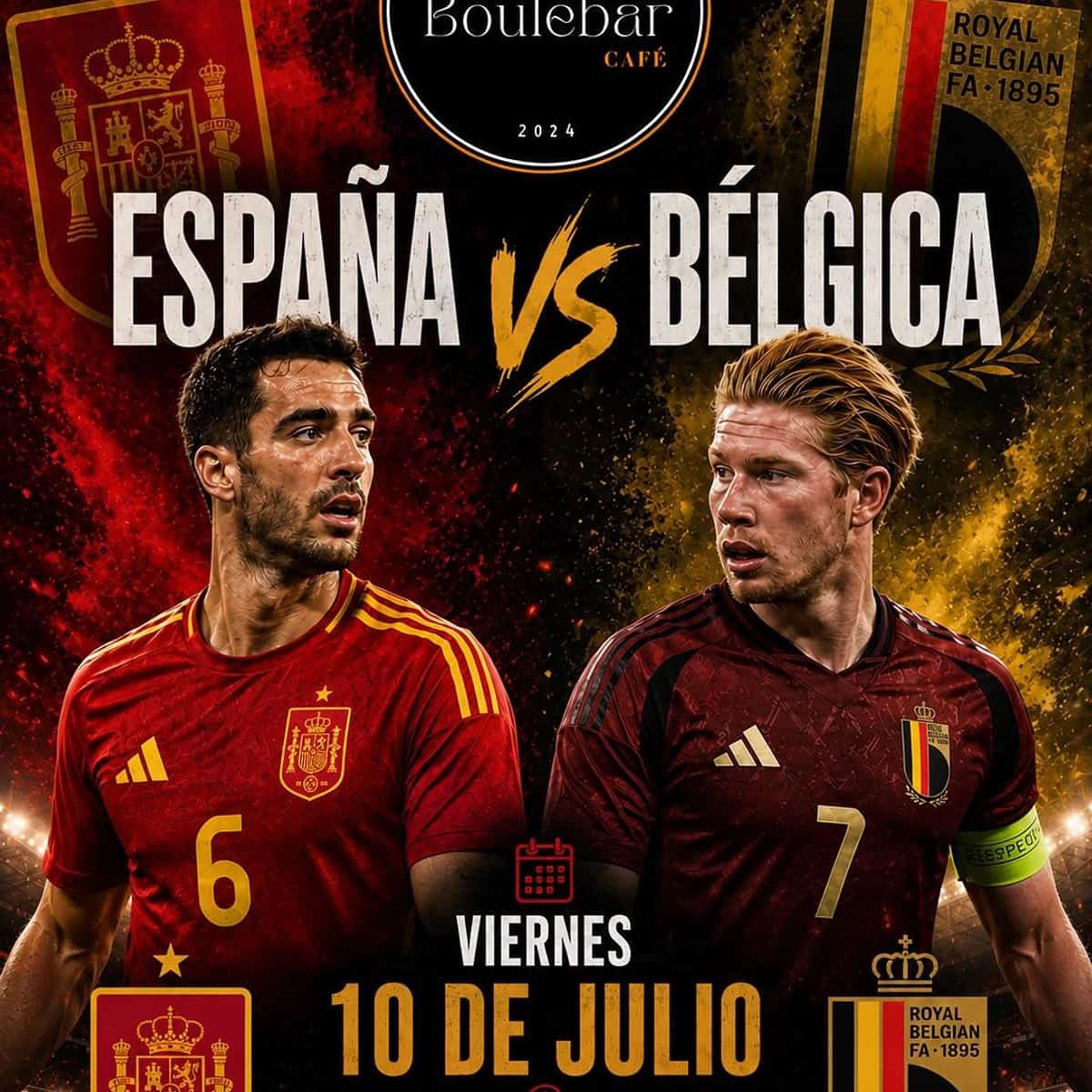 Cartel del partido España vs Bélgica en Boulebar Café para el viernes 10 de julio a las 21:00, cuartos del Mundial con pantallas grandes y ambiente de fútbol en San Pedro Alcántara.