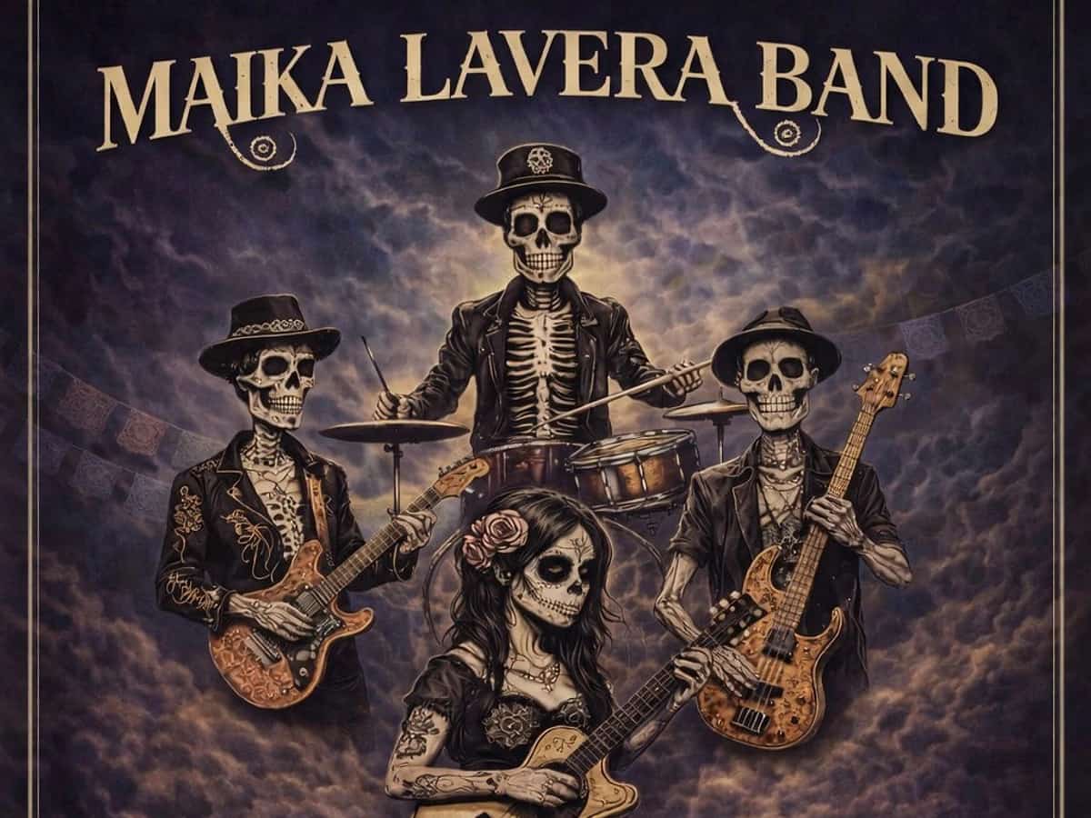 Cartel del concierto de Maika Lavera Band con estética rock y calaveras tocando instrumentos para actuación en Premiere Club Marbella.