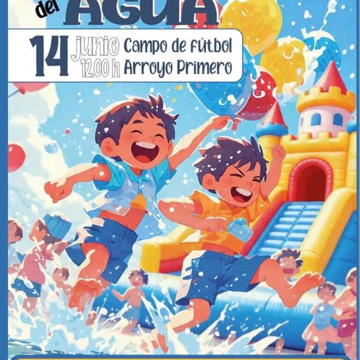 Cartel de la Fiesta Infantil del Agua en la Feria de Marbella 2026, actividad familiar con hinchables y juegos para niños en Arroyo Primero.
