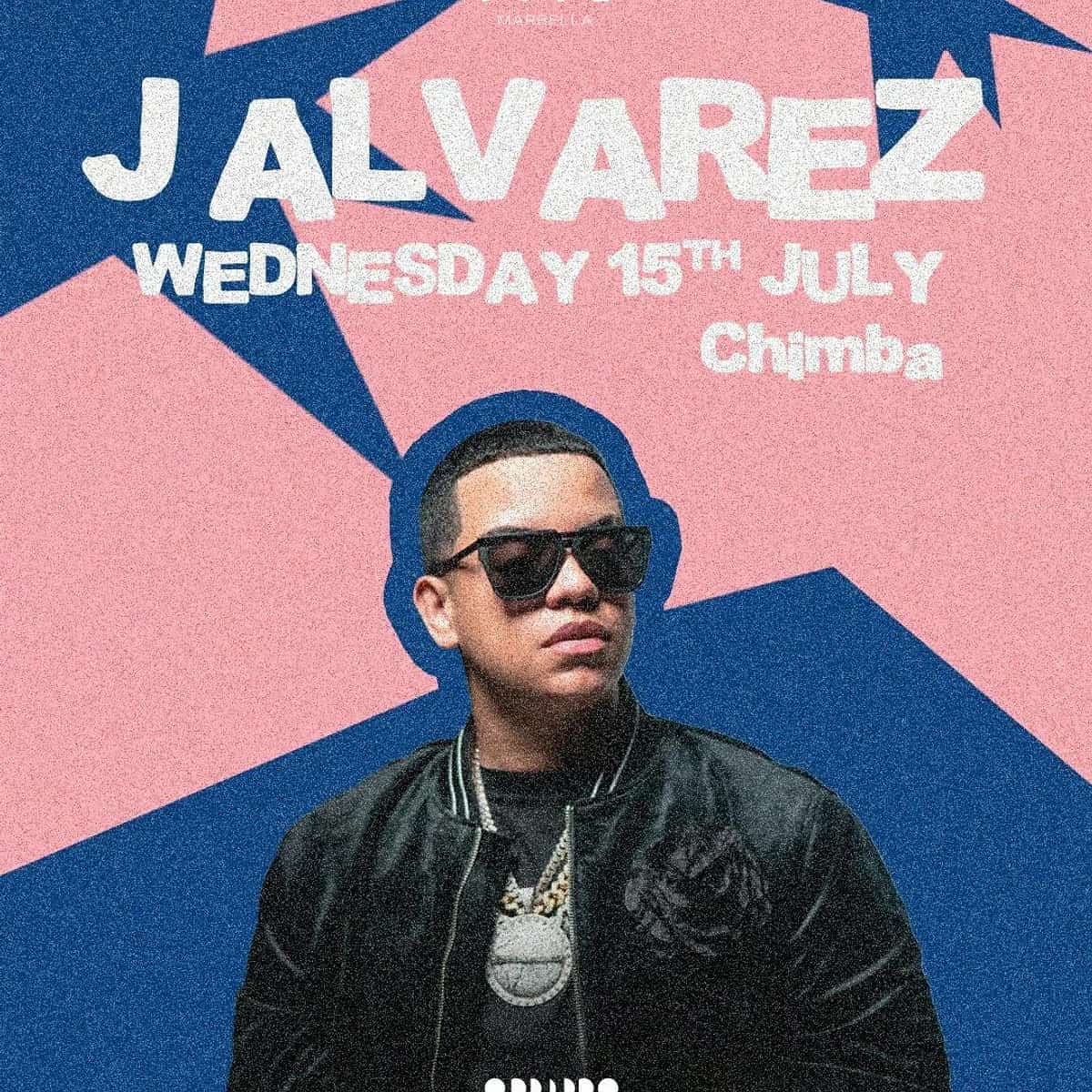 Cartel de J Álvarez en FITZ Marbella para el miércoles 15 de julio, evento +18 de reguetón y música latina con ambiente de club nocturno.