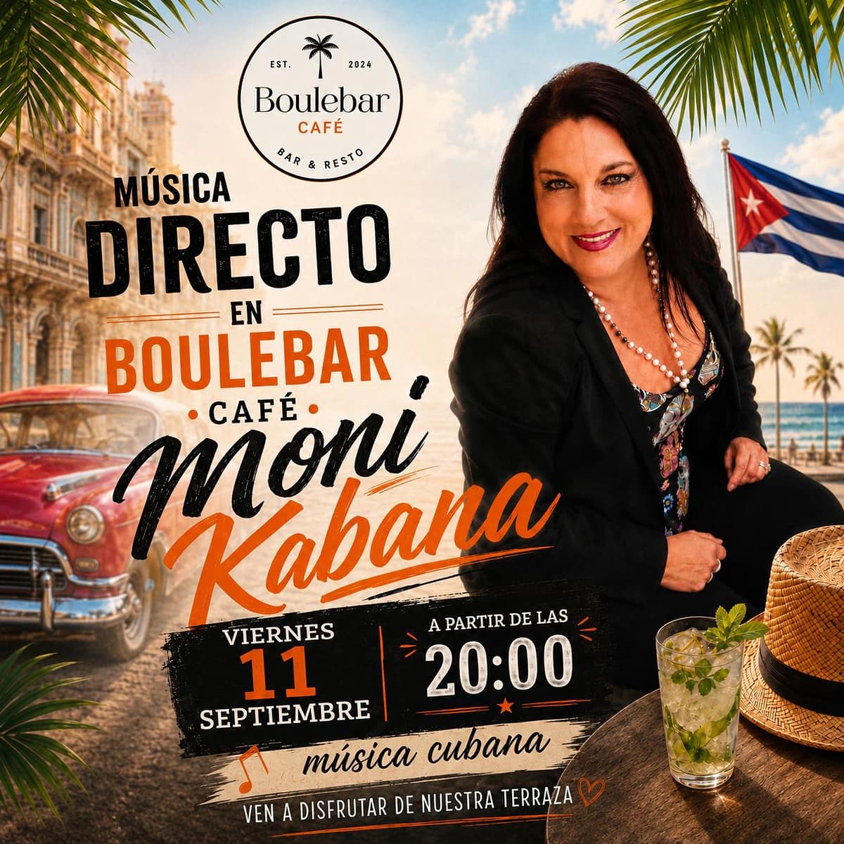 Moni Kabana aparece junto a estética tropical, bandera cubana y terraza en el cartel de su directo en Boulebar Café el viernes 11 de septiembre a las 20:00.